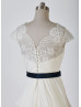 Cap Sleeves Ivory Lace Chiffon Long Prom Dress With Navy Blue Sash